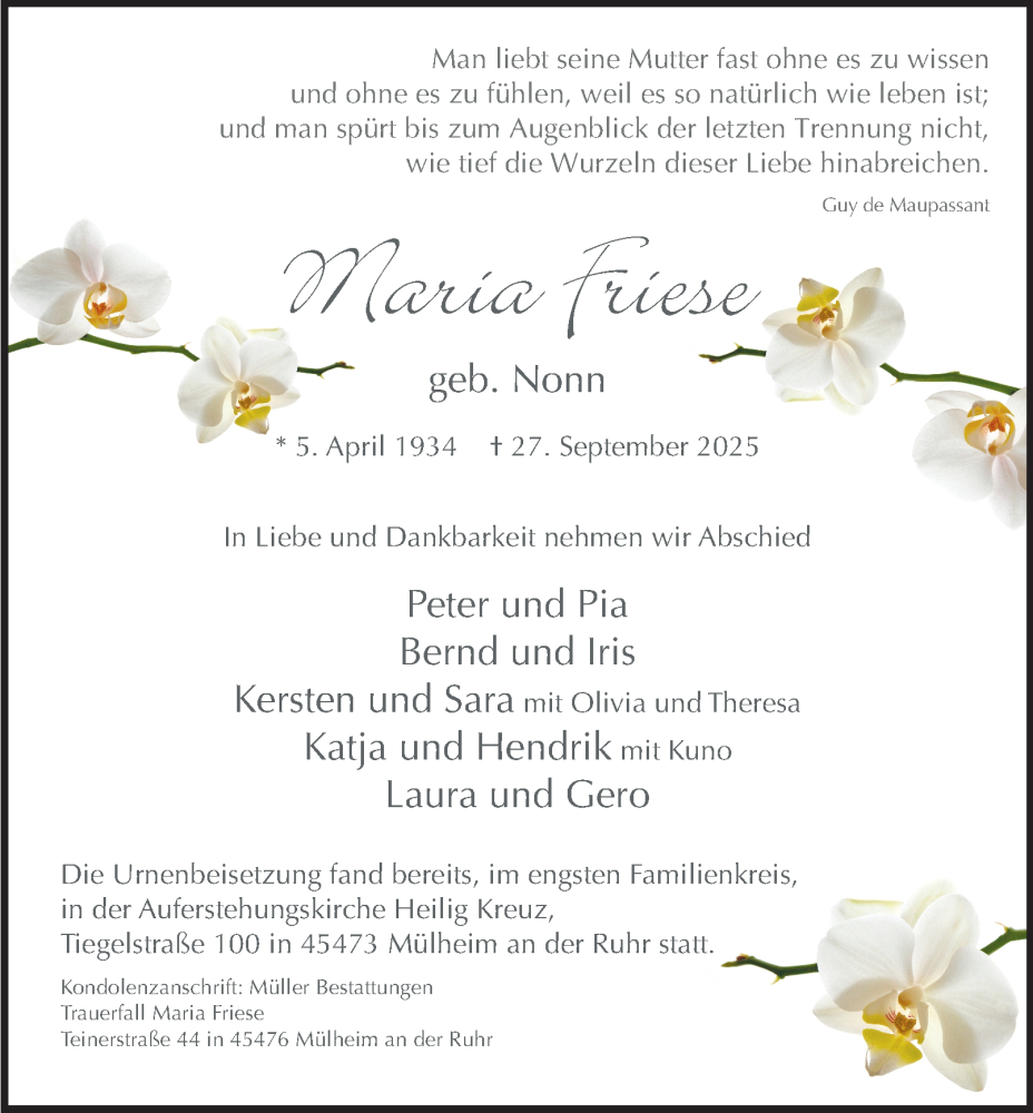 Traueranzeige für Maria Friese vom 18.10.2025 aus Tageszeitung