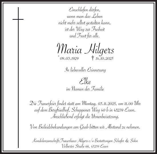 Traueranzeige von Maria Hilgers von Tageszeitung