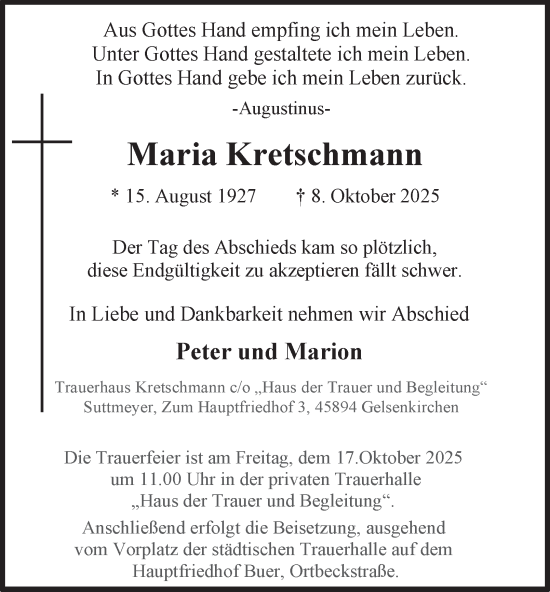 Traueranzeige von Maria Kretschmann von Tageszeitung