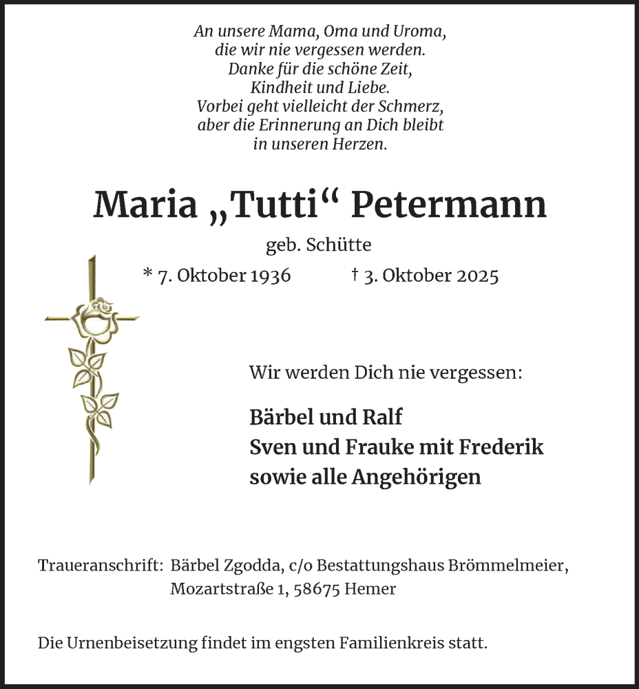  Traueranzeige für Maria Petermann vom 11.10.2025 aus Tageszeitung