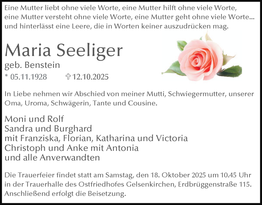  Traueranzeige für Maria Seeliger vom 16.10.2025 aus Tageszeitung