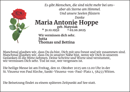 Traueranzeige von Maria Antonie Hoppe von Tageszeitung