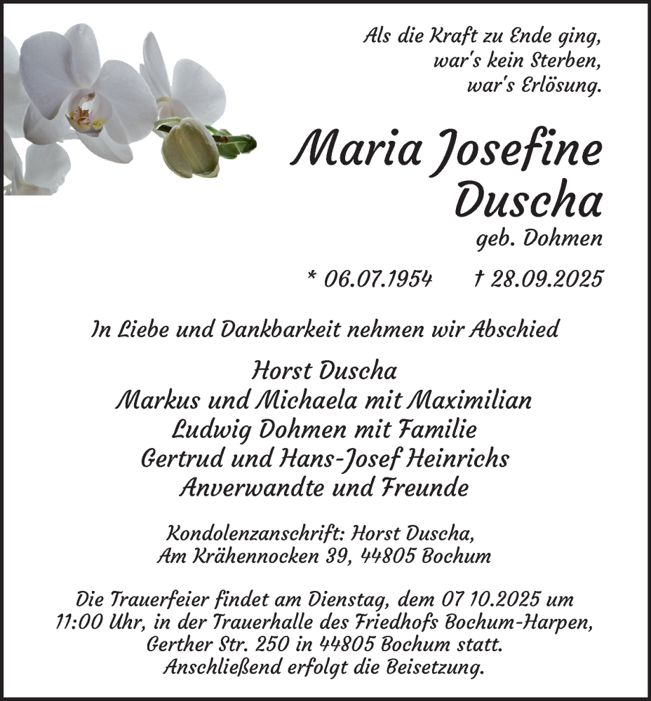  Traueranzeige für Maria Josefine Duscha vom 04.10.2025 aus Tageszeitung