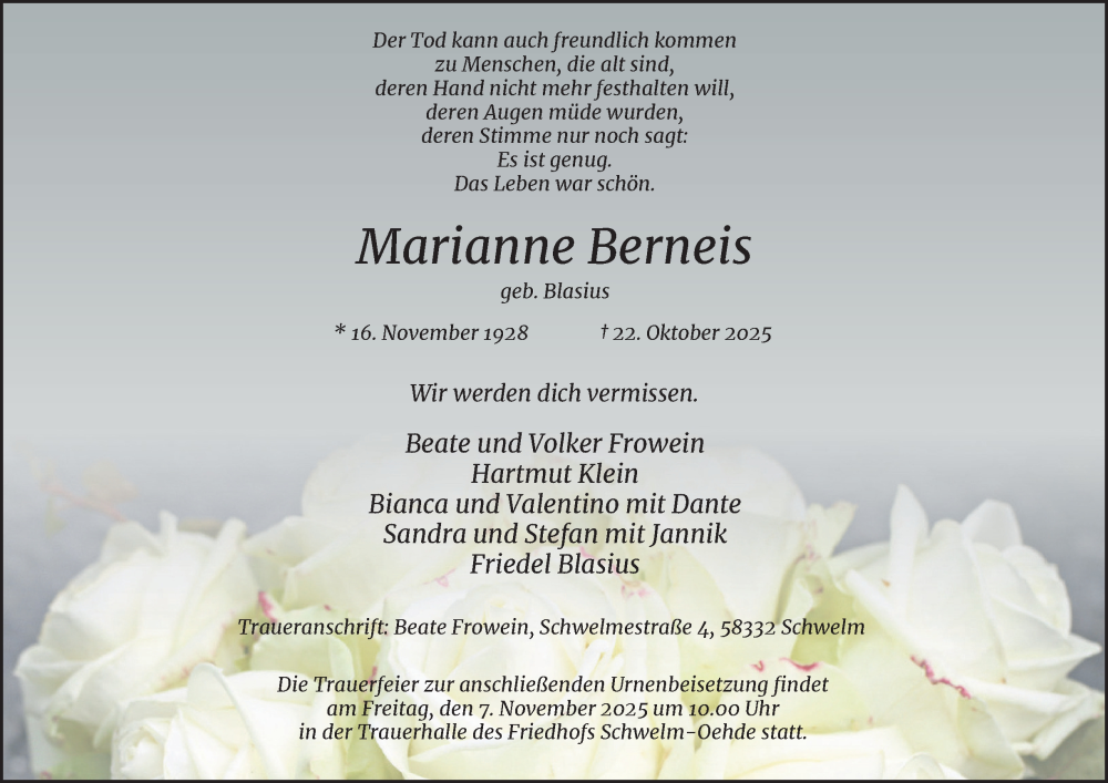  Traueranzeige für Marianne Berneis vom 01.11.2025 aus Tageszeitung