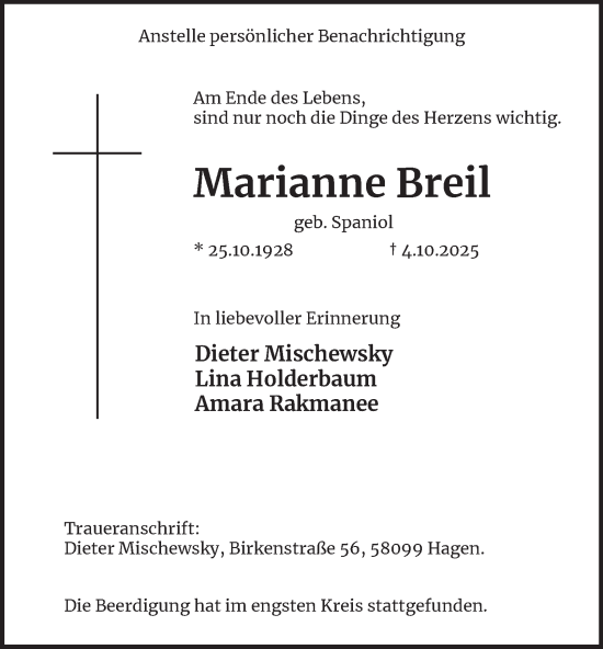 Traueranzeige von Marianne Breil von Tageszeitung