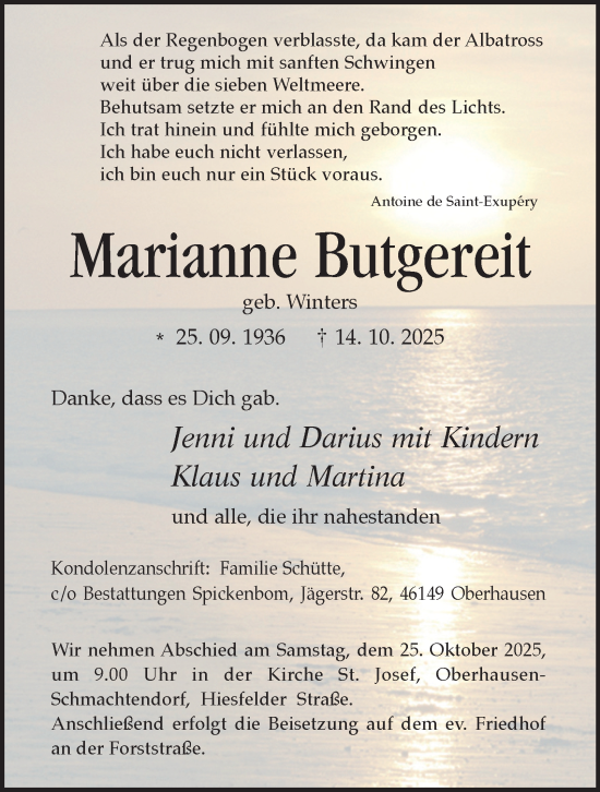 Traueranzeige von Marianne Butgereit von Tageszeitung