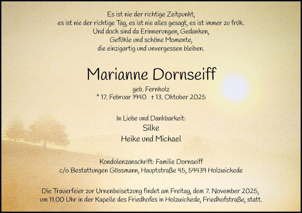  Traueranzeige für Marianne Dornseiff vom 25.10.2025 aus Tageszeitung