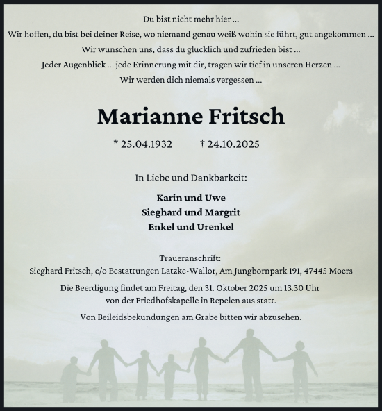 Traueranzeige von Marianne Fritsch von Tageszeitung