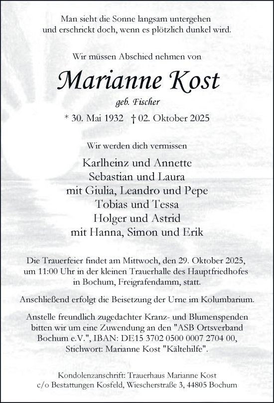 Traueranzeige von Marianne Kost von Tageszeitung