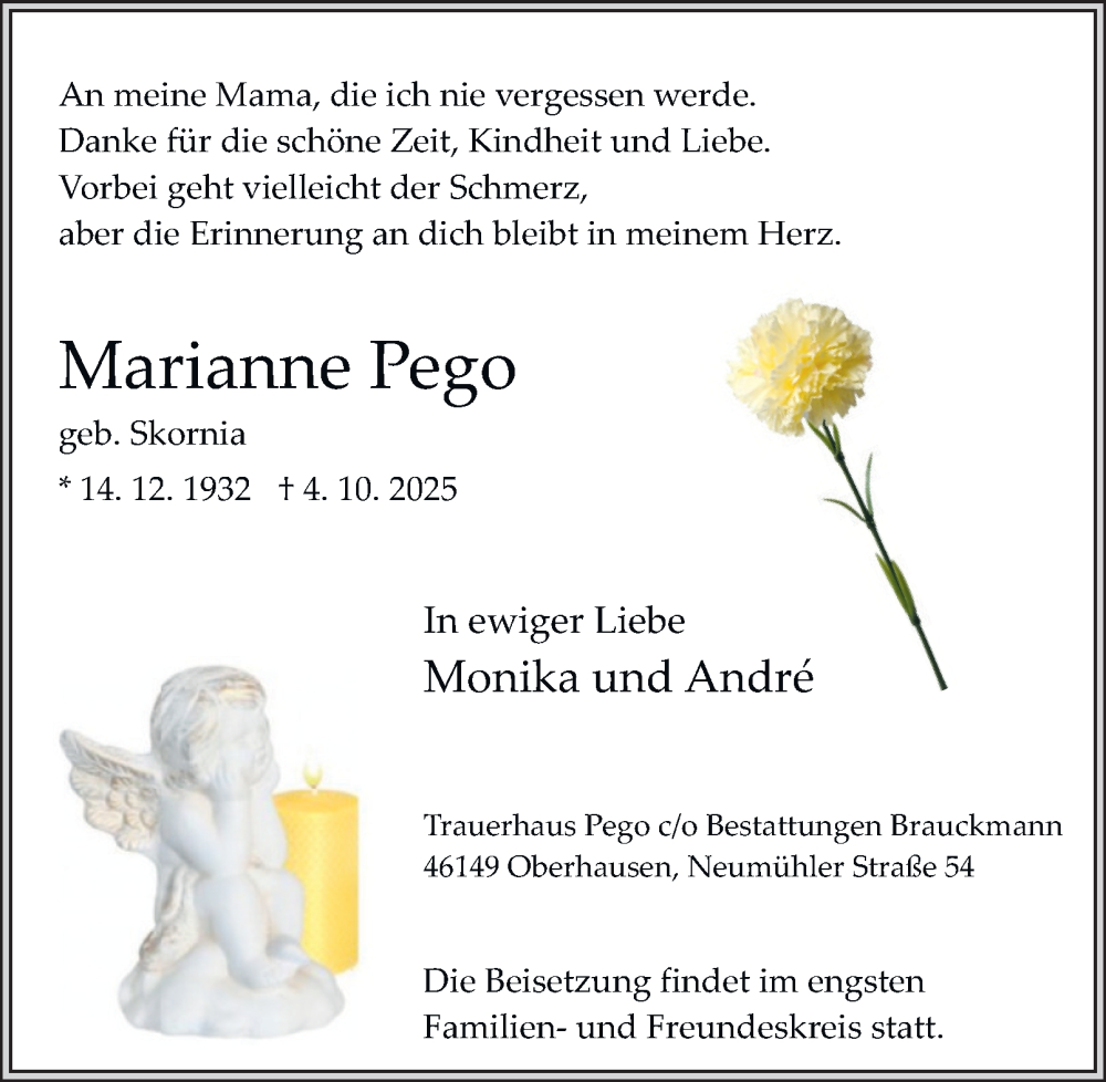  Traueranzeige für Marianne Pego vom 18.10.2025 aus Tageszeitung