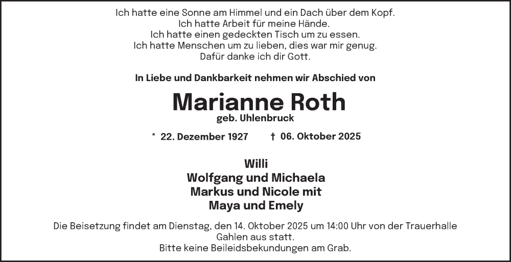  Traueranzeige für Marianne Roth vom 11.10.2025 aus Tageszeitung