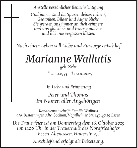 Traueranzeige von Marianne Wallutis von Tageszeitung