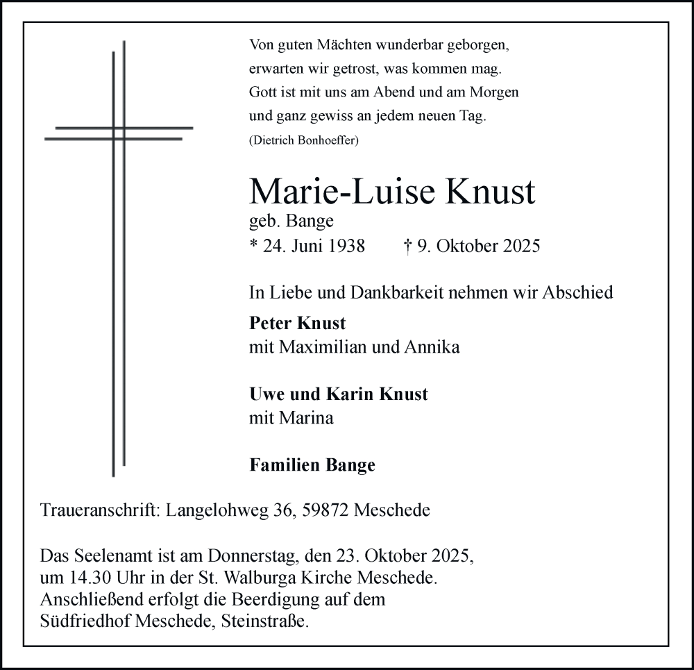  Traueranzeige für Marie-Luise Knust vom 21.10.2025 aus Tageszeitung