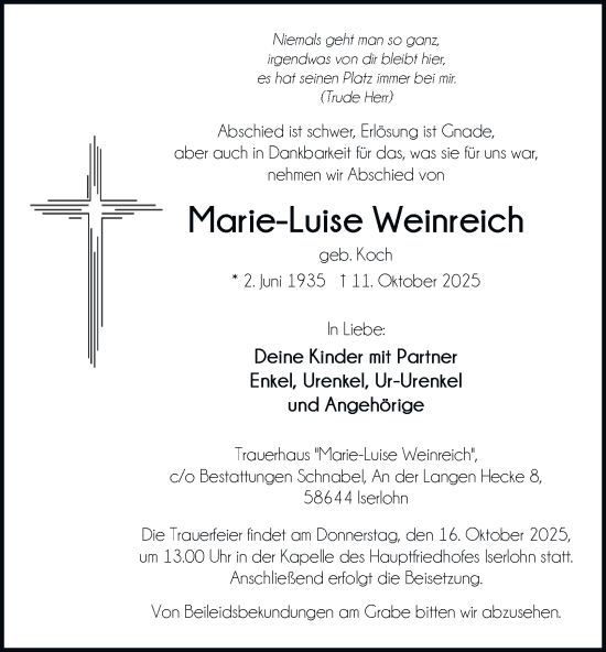 Traueranzeige von Marie-Luise Weinreich von Tageszeitung