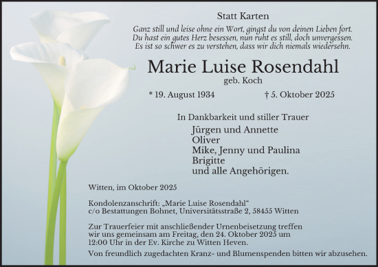 Traueranzeige von Marie Luise Rosendahl von Tageszeitung