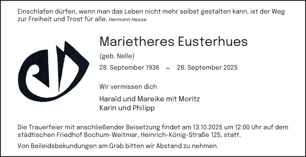  Traueranzeige für Marietheres Eusterhues vom 04.10.2025 aus Tageszeitung