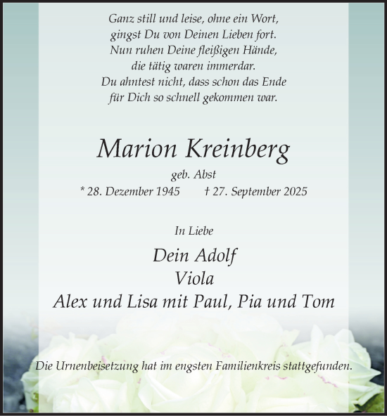 Traueranzeige von Marion Kreinberg von Tageszeitung