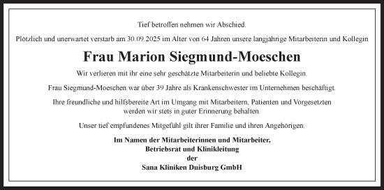 Traueranzeige von Marion Siegmund-Moeschen von Tageszeitung