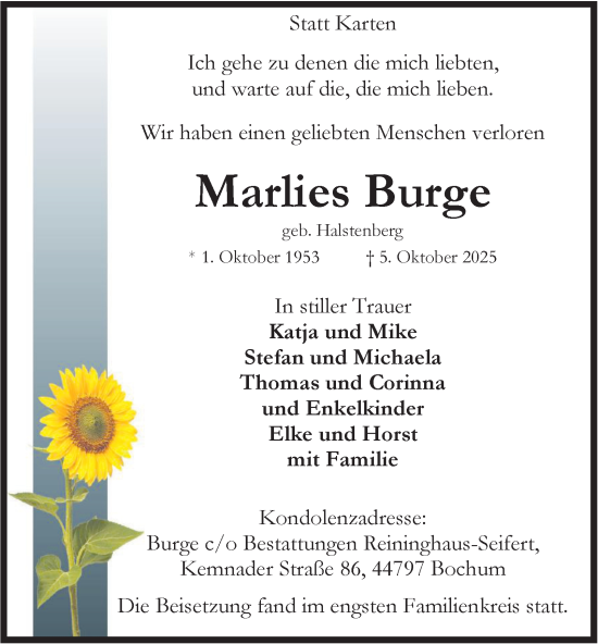 Traueranzeige von Marlies Burge von Tageszeitung