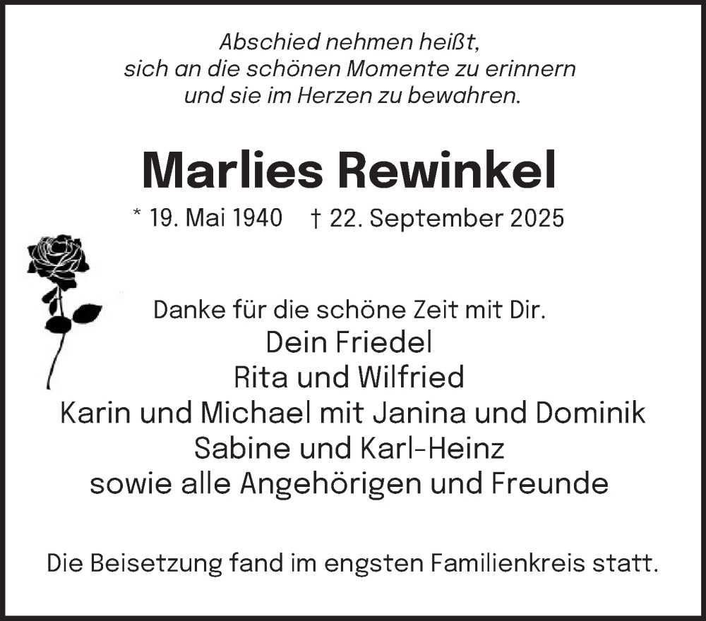  Traueranzeige für Marlies Rewinkel vom 04.10.2025 aus Tageszeitung