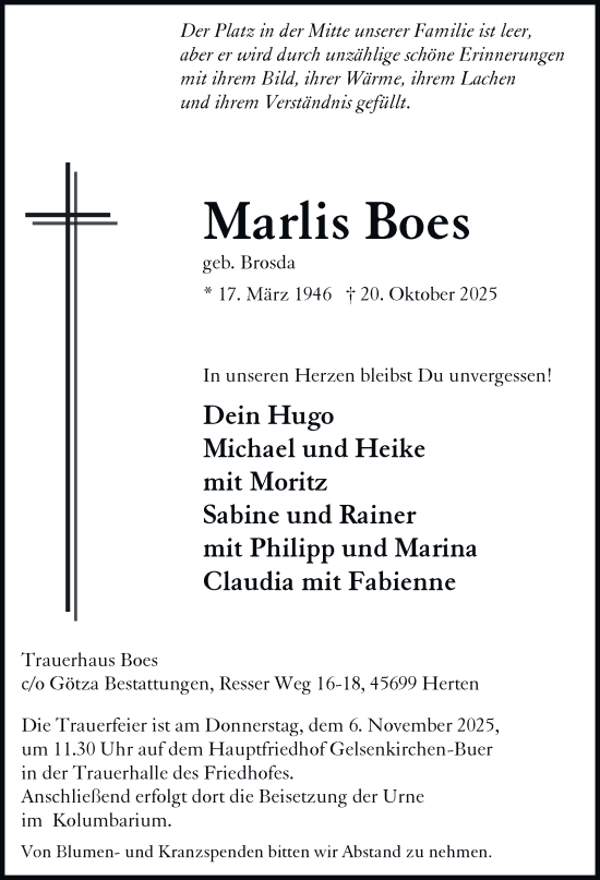 Traueranzeige von Marlis Boes von Tageszeitung