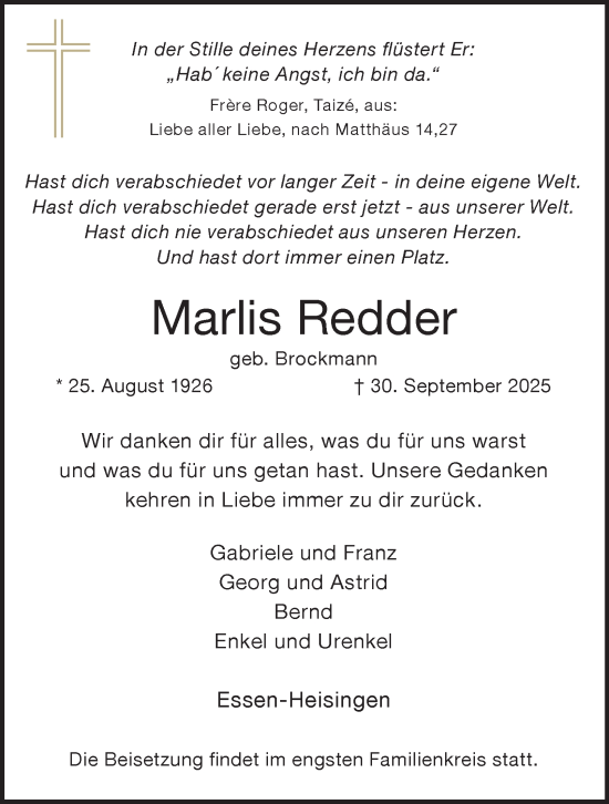 Traueranzeige von Marlis Redder von Tageszeitung