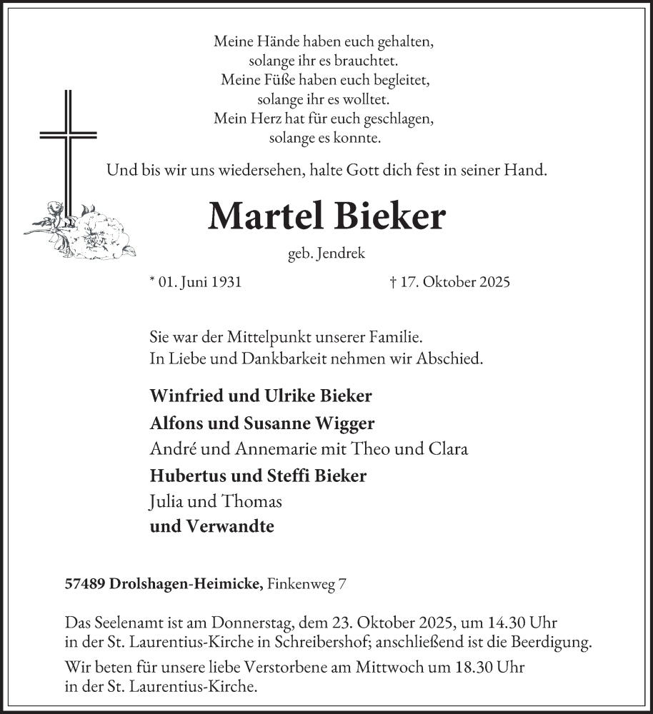  Traueranzeige für Martel Bieker vom 22.10.2025 aus Tageszeitung