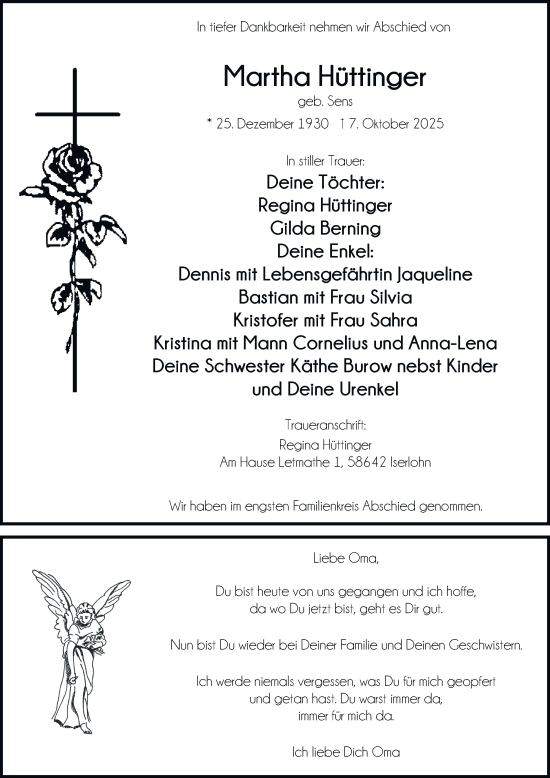 Traueranzeige von Martha Hüttinger von Tageszeitung