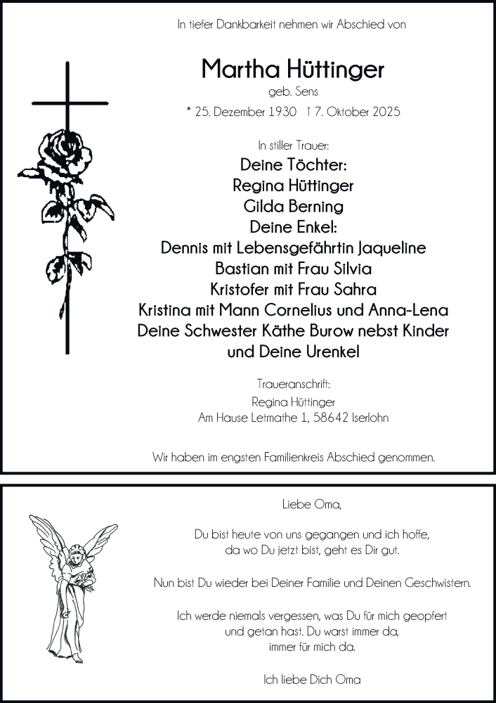  Traueranzeige für Martha Hüttinger vom 18.10.2025 aus Tageszeitung