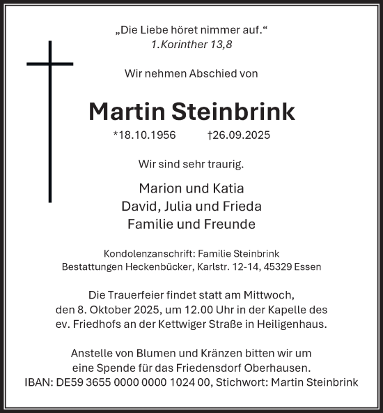 Traueranzeige von Martin Steinbrink von Tageszeitung