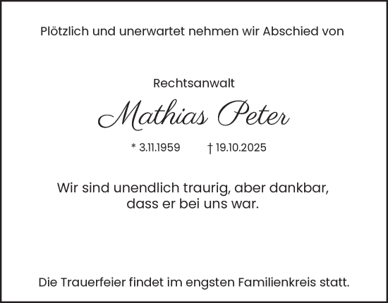 Traueranzeige von Mathias Peter von Tageszeitung
