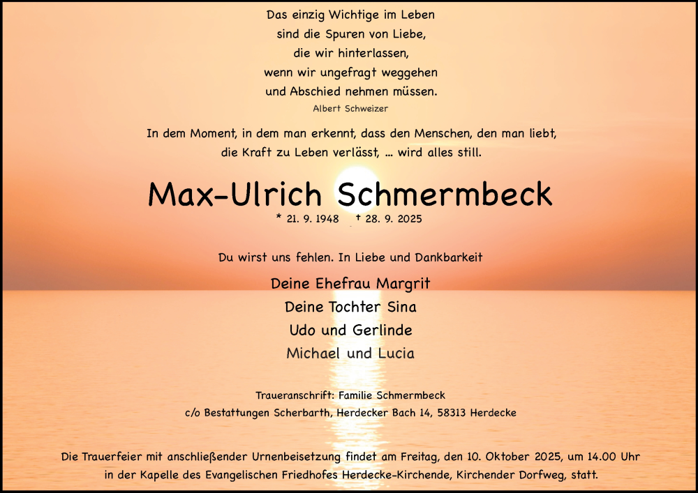  Traueranzeige für Max-Ulrich Schmermbeck vom 04.10.2025 aus Tageszeitung