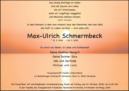 Traueranzeige von Max-Ulrich Schmermbeck von Tageszeitung