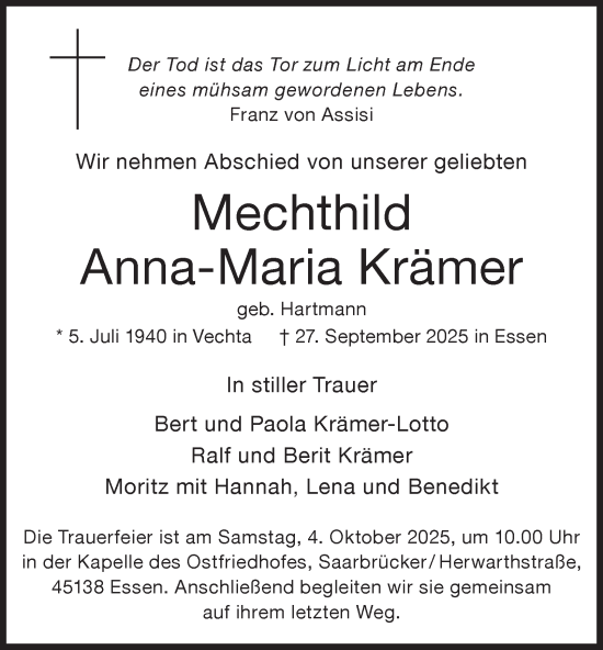 Traueranzeige von Mechthild Anna-Maria Krämer von Tageszeitung