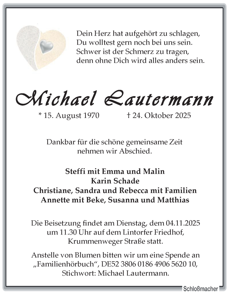  Traueranzeige für Michael Lautermann vom 01.11.2025 aus Tageszeitung