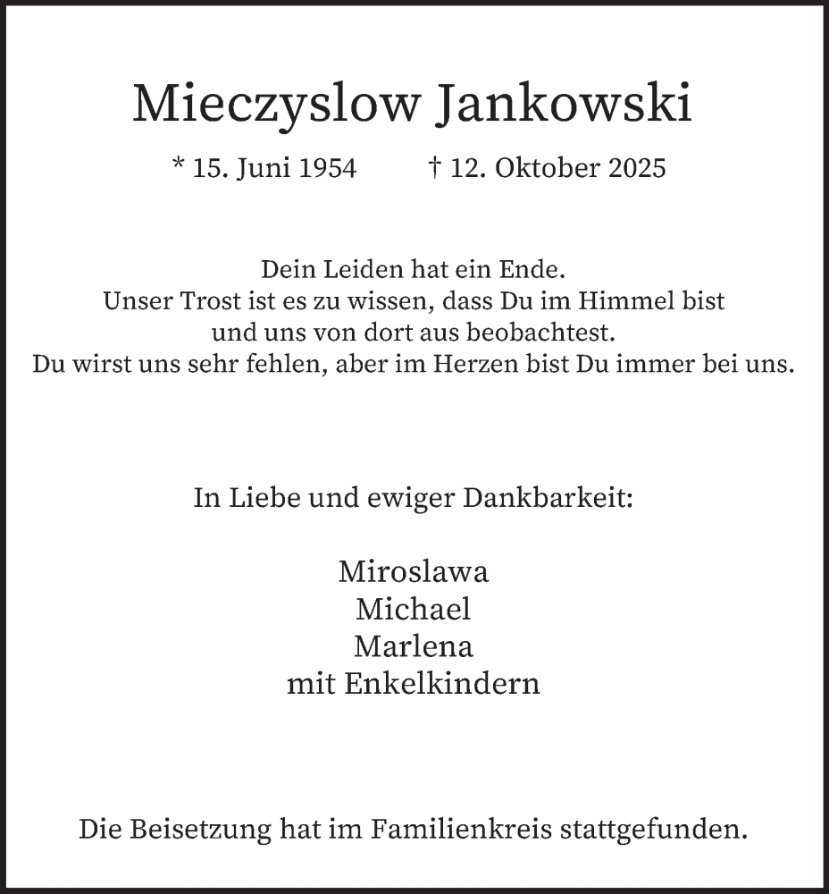  Traueranzeige für Mieczyslaw Jankowski vom 25.10.2025 aus Tageszeitung