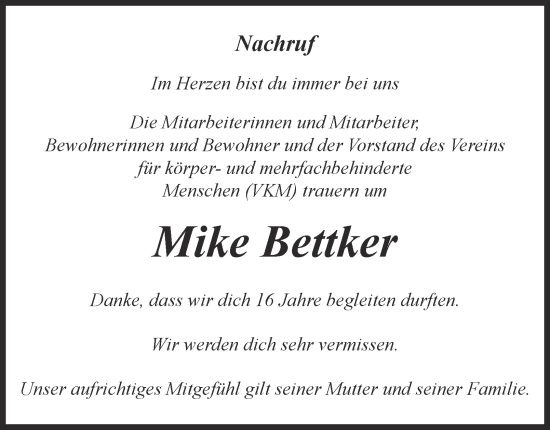 Traueranzeige von Mike Bettker von Tageszeitung