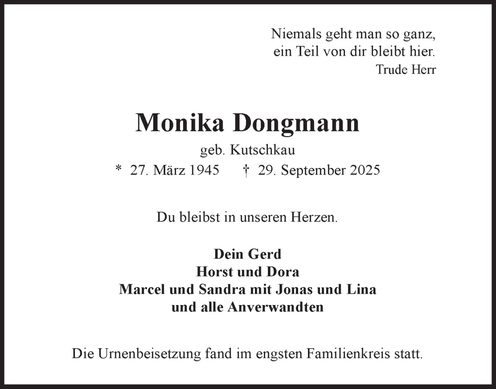  Traueranzeige für Monika Dongmann vom 25.10.2025 aus Tageszeitung