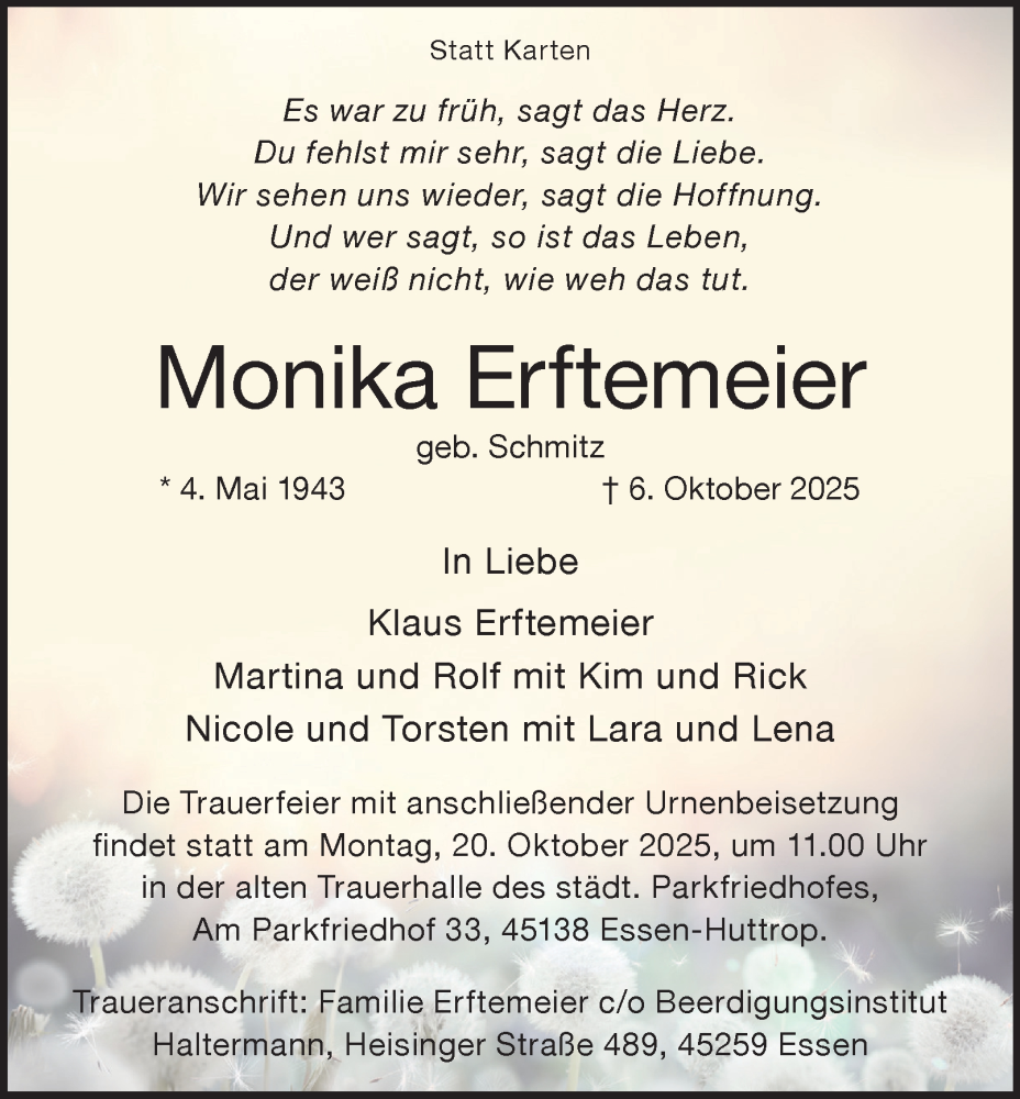  Traueranzeige für Monika Erftemeier vom 11.10.2025 aus Tageszeitung
