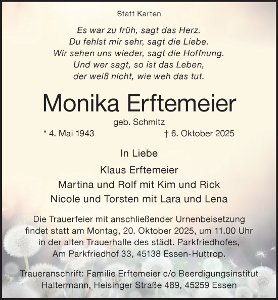 Traueranzeige von Monika Erftemeier von Tageszeitung