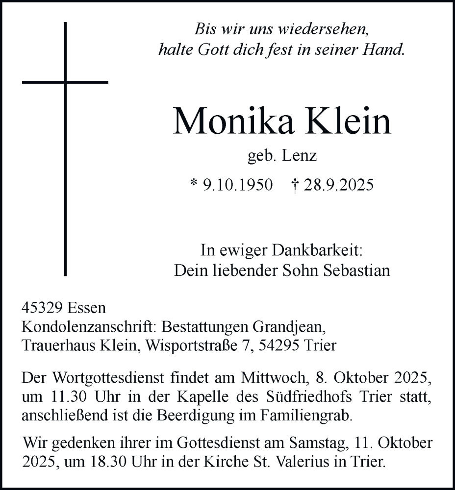  Traueranzeige für Monika Klein vom 04.10.2025 aus Tageszeitung