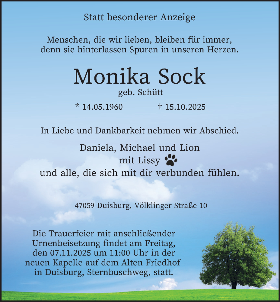  Traueranzeige für Monika Sock vom 25.10.2025 aus Tageszeitung