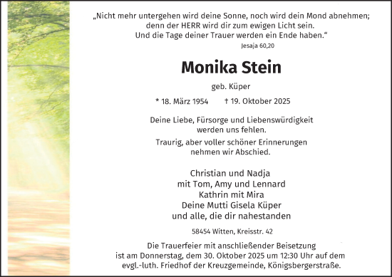 Traueranzeige von Monika Stein von Tageszeitung