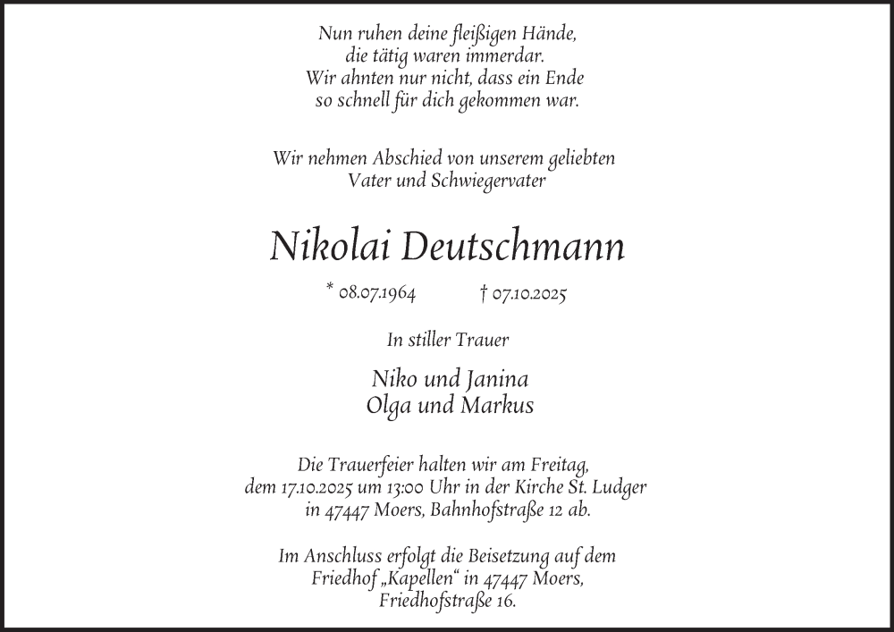  Traueranzeige für Nikolai Deutschmann vom 11.10.2025 aus Tageszeitung