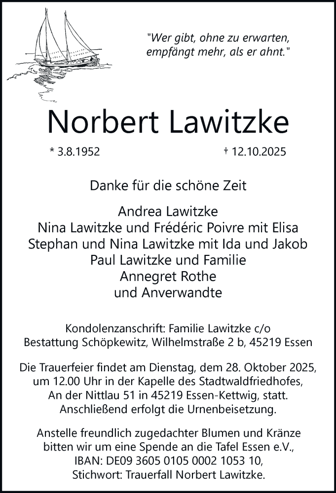  Traueranzeige für Norbert Lawitzke vom 18.10.2025 aus Tageszeitung