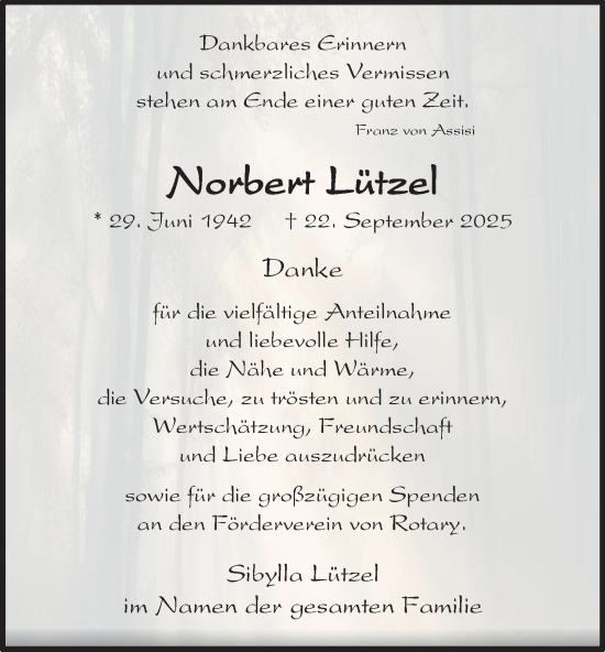 Traueranzeige von Norbert Lützel von Tageszeitung