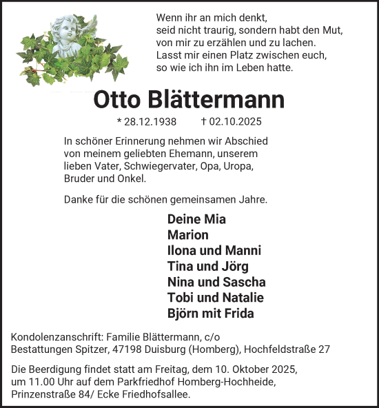 Traueranzeige von Otto Blättermann von Tageszeitung