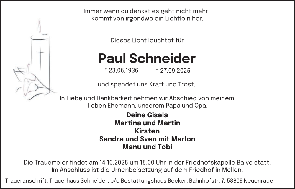  Traueranzeige für Paul Schneider vom 08.10.2025 aus Tageszeitung