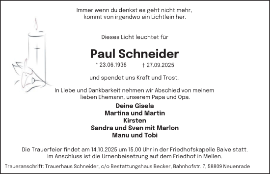 Traueranzeige von Paul Schneider von Tageszeitung
