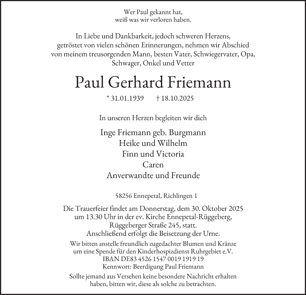  Traueranzeige für Paul Gerhard Friemann vom 25.10.2025 aus Tageszeitung
